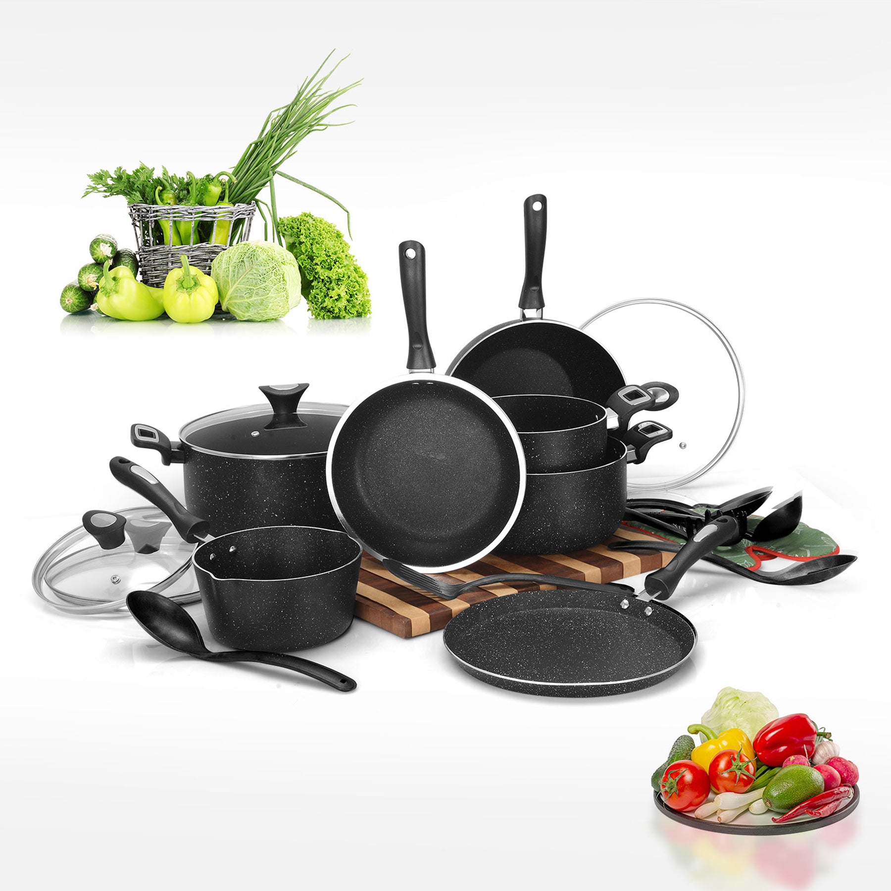 19 Pieces AR Marble Coated Non Stick Glory Set - Black