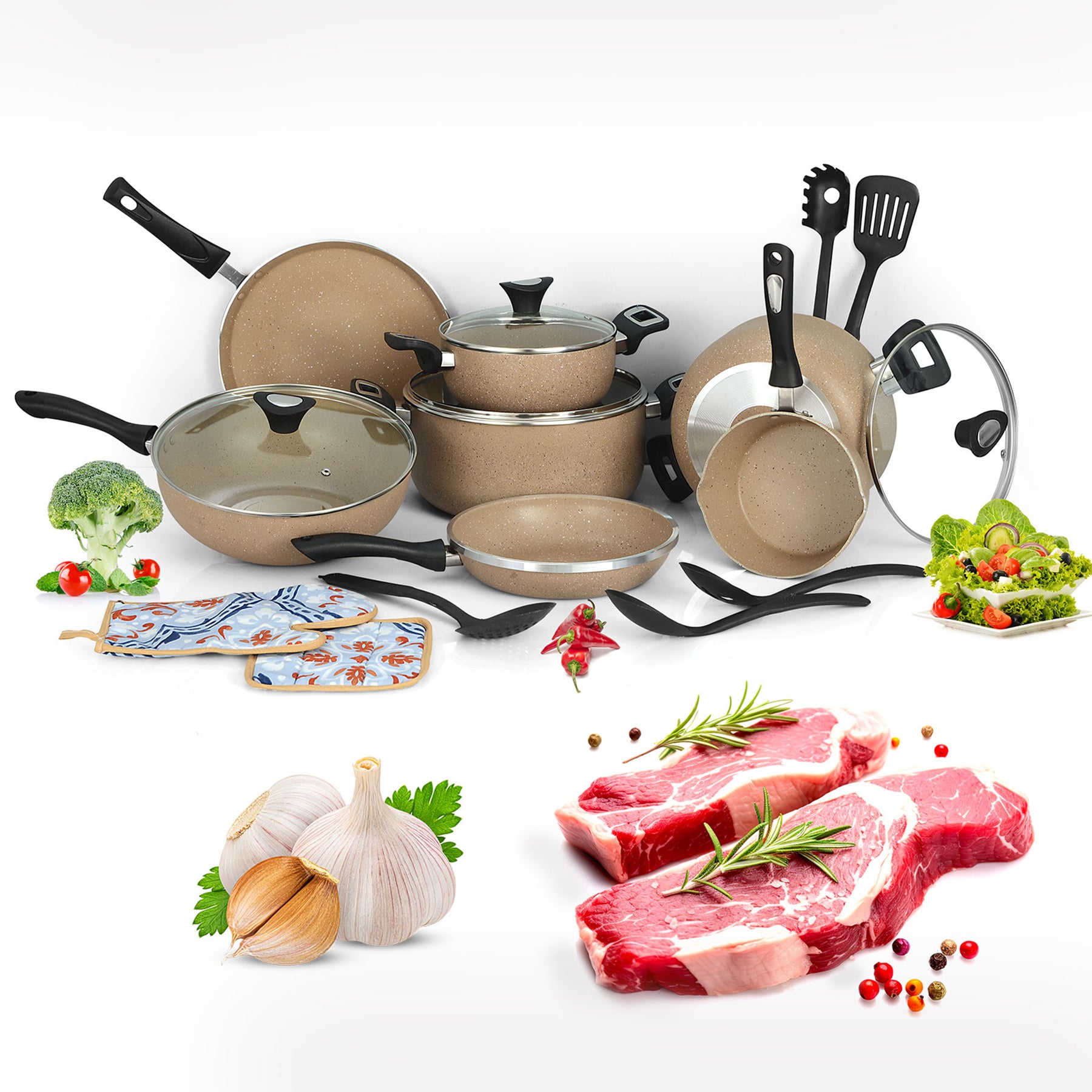 19 Pieces AR Marble Coated Non Stick Glory Set - Beige