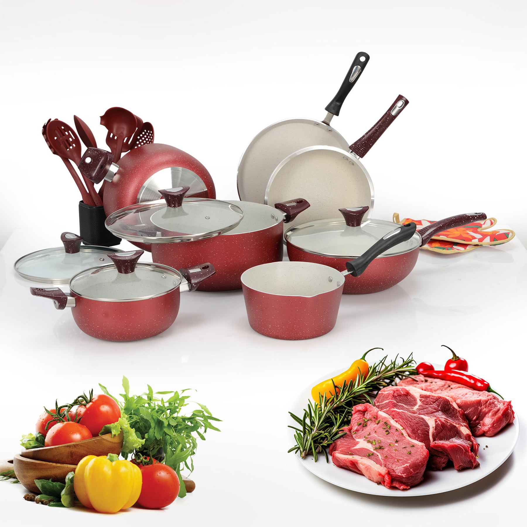 19 Pieces AR Marble Coated Non Stick Glory Set - Maroon & Off White