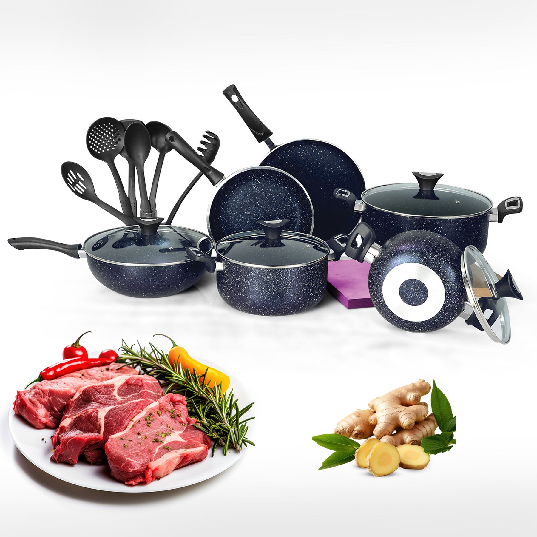 18 Piece AR Marble Coated Non Stick Glory Set - Black
