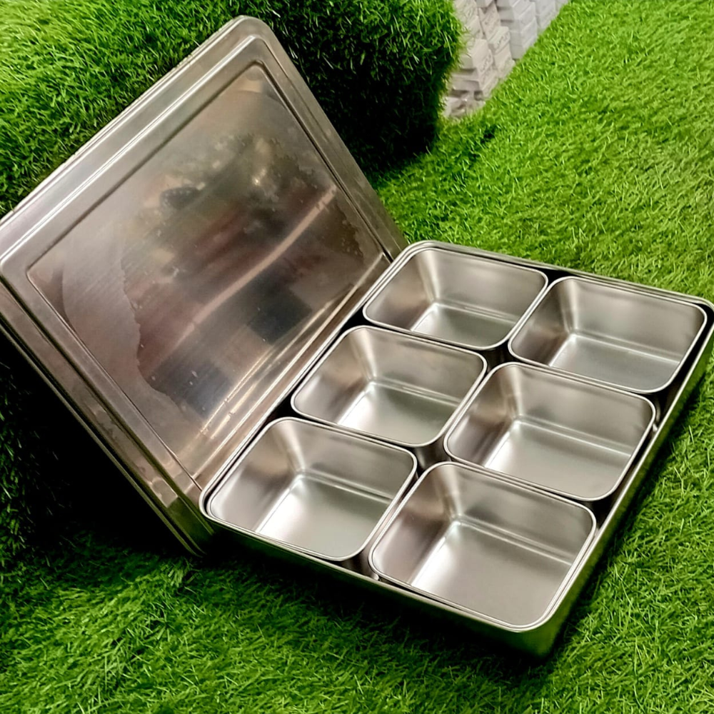 Imported Stainless Steel Masala Box – 6 Compartments