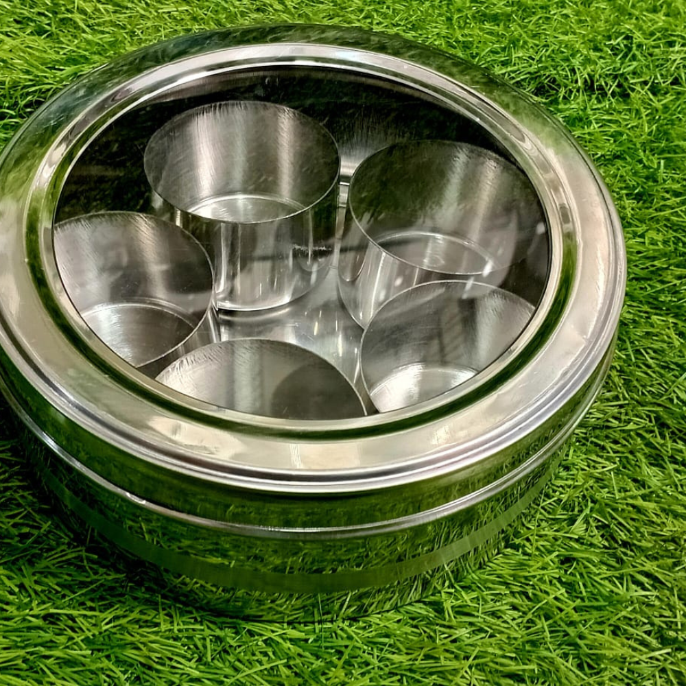 Stainless Steel Round Masala Box – 5 Katori