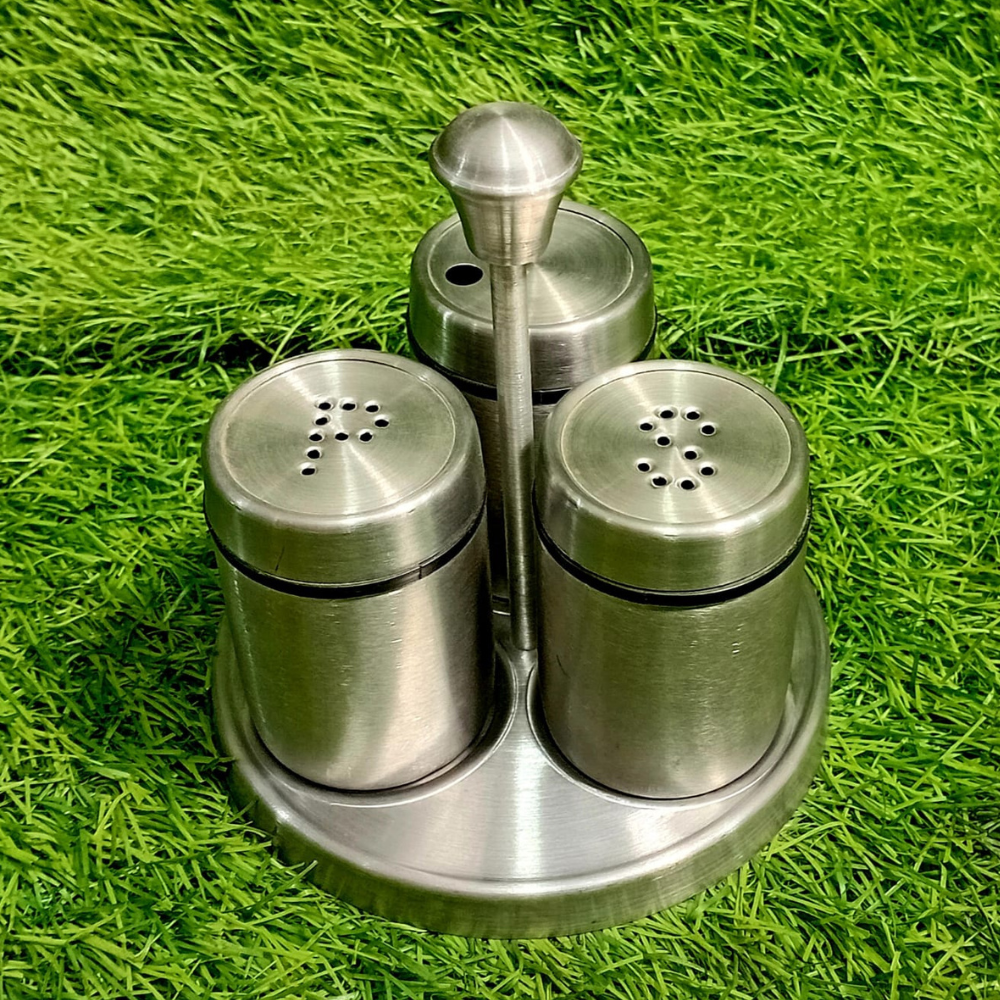 Stainless Steel 3-Pcs Salt Shaker Set with Stand