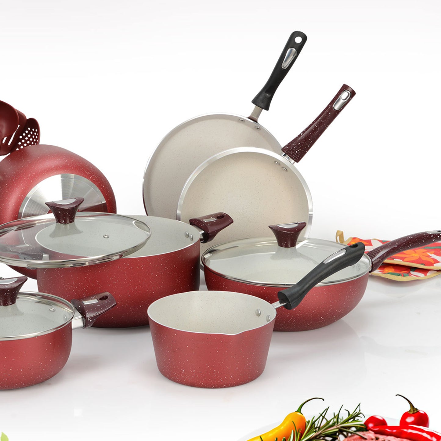 19 Pieces AR Marble Coated Non Stick Glory Set - Maroon & Off White