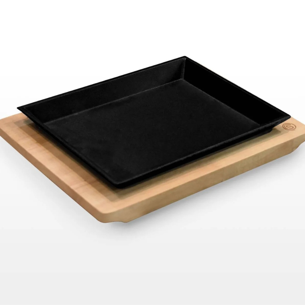 Rectangle Cast Iron Sizzling Dish with Wooden Base | Umar Hotelier