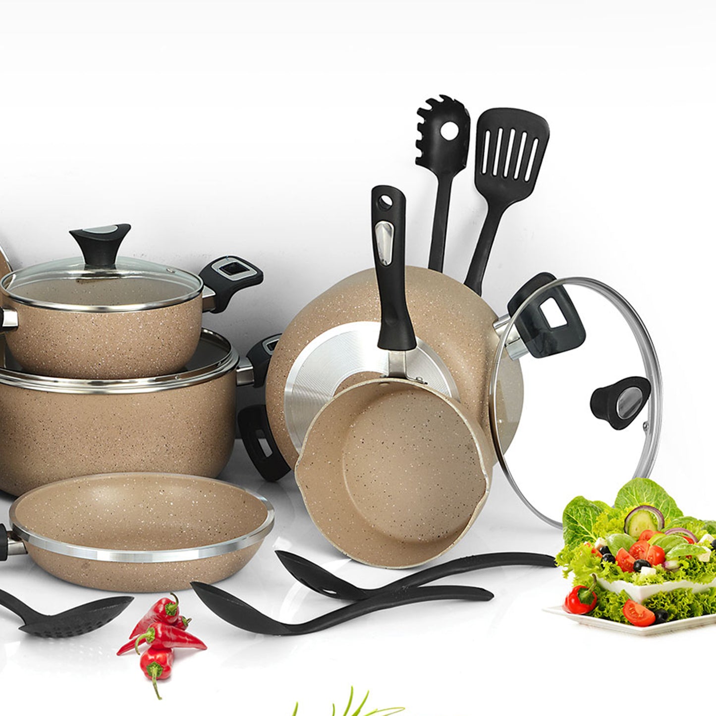 19 Pieces AR Marble Coated Non Stick Glory Set - Beige