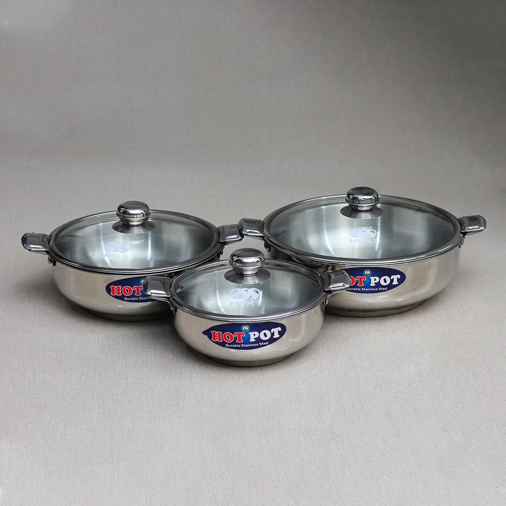 3 Pcs Stainless Steel Hotpot Set with Glass Lid | Elegant Serving Set