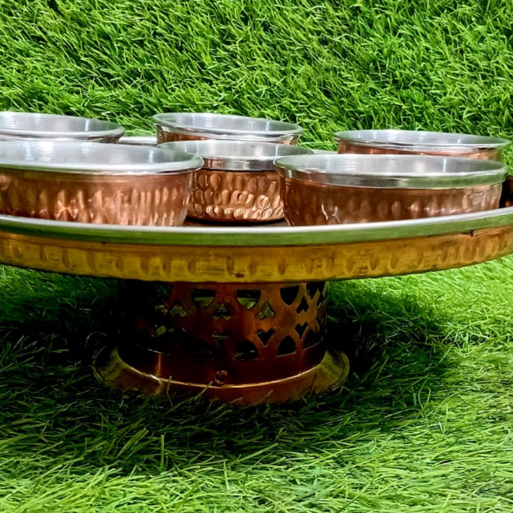 Premium Copper Indian Serving Thali – 6 Dips (5 Large + 1 Small)