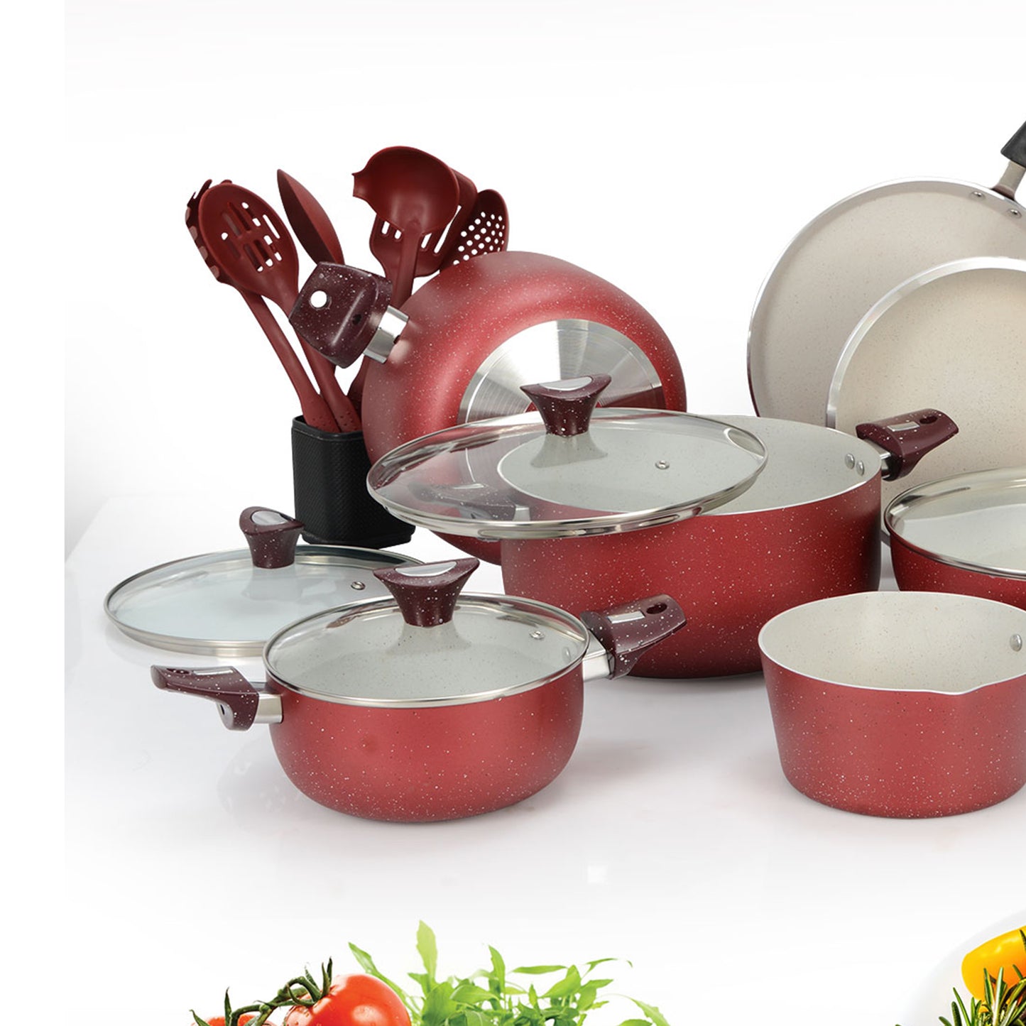 19 Pieces AR Marble Coated Non Stick Glory Set - Maroon & Off White