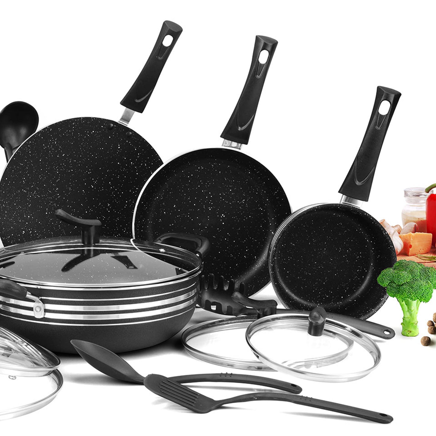 21 Pieces AR Marble Coated Non Stick Jumbo Chef Set - Black