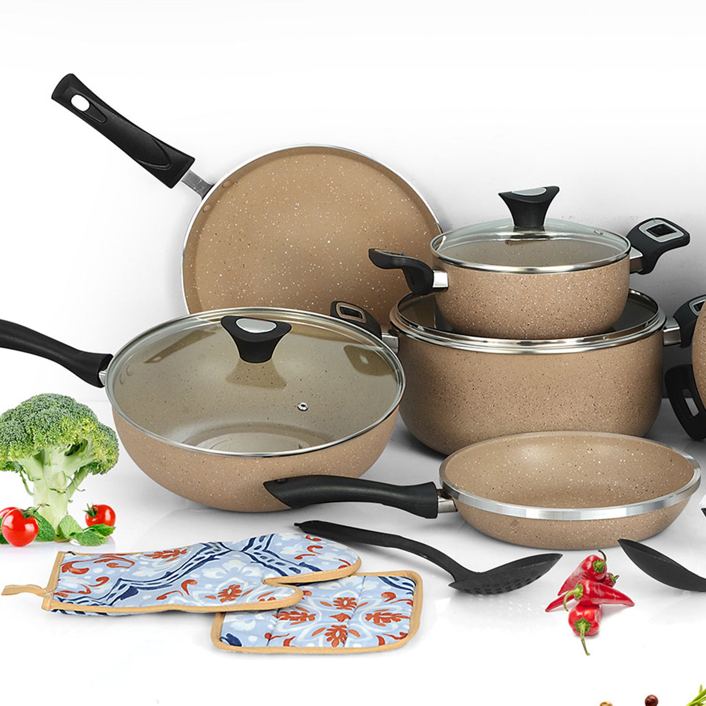 19 Pieces AR Marble Coated Non Stick Glory Set - Beige