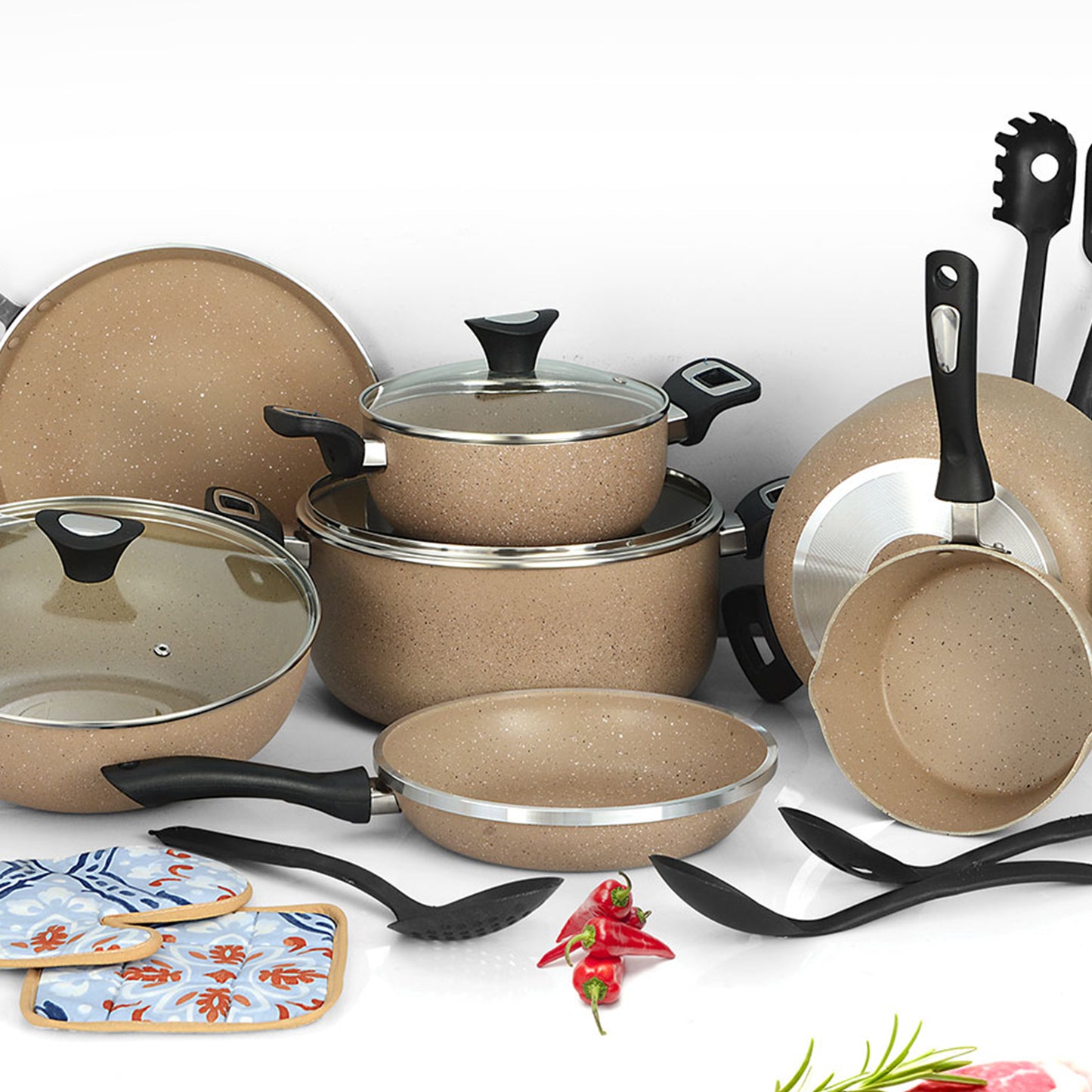 19 Pieces AR Marble Coated Non Stick Glory Set - Beige