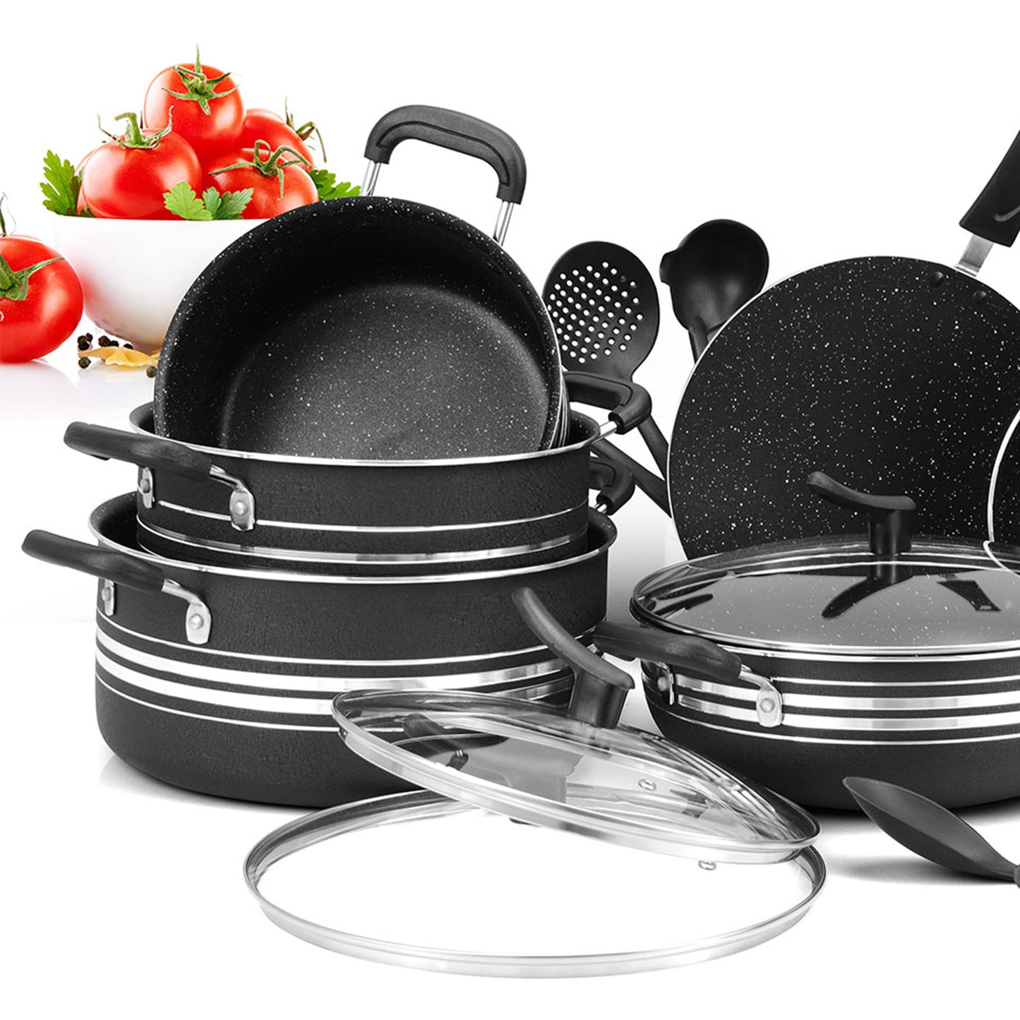 21 Pieces AR Marble Coated Non Stick Jumbo Chef Set - Black