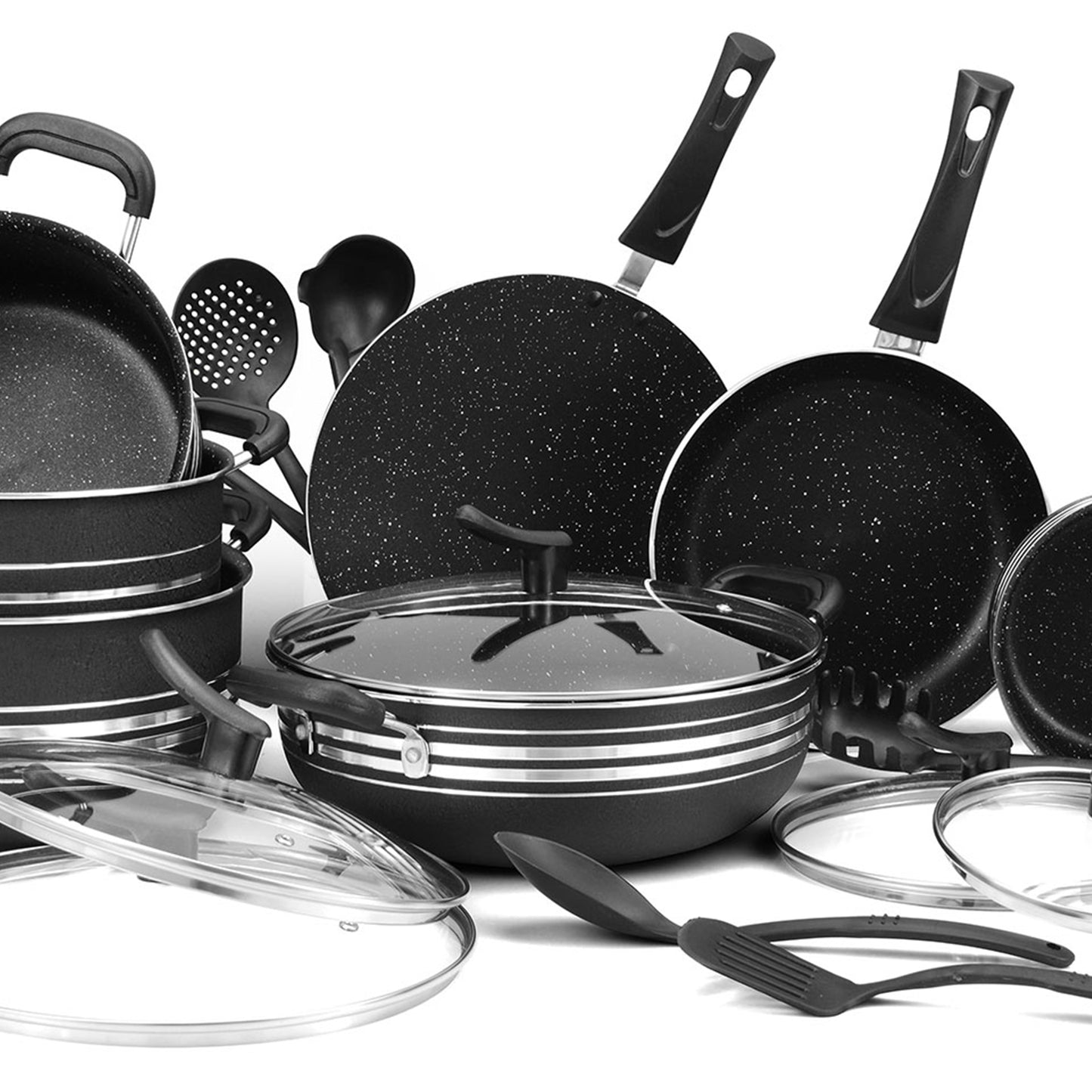 21 Pieces AR Marble Coated Non Stick Jumbo Chef Set - Black