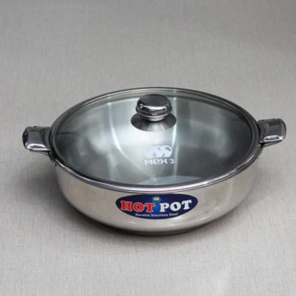 3 Pcs Stainless Steel Hotpot Set with Glass Lid | Elegant Serving Set