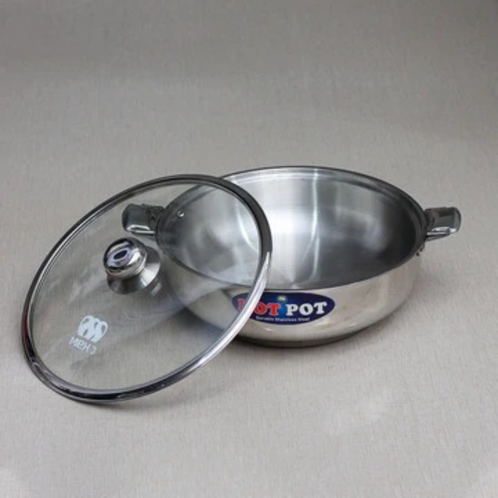 3 Pcs Stainless Steel Hotpot Set with Glass Lid – Elegant & Durable Serving Hotpots