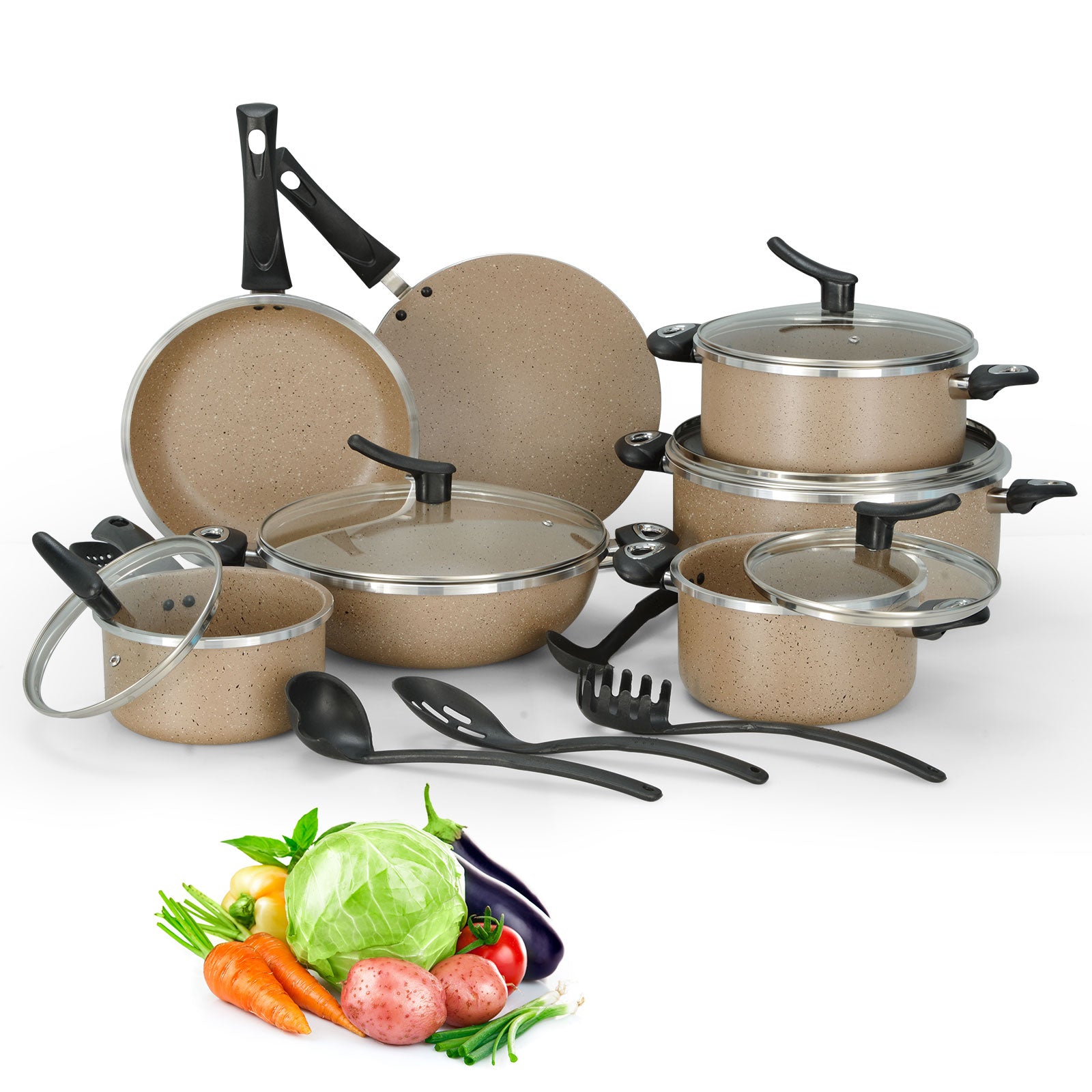 18 Pieces AR Marble Coated Non Stick Dessini Moon Set Forging - Beige