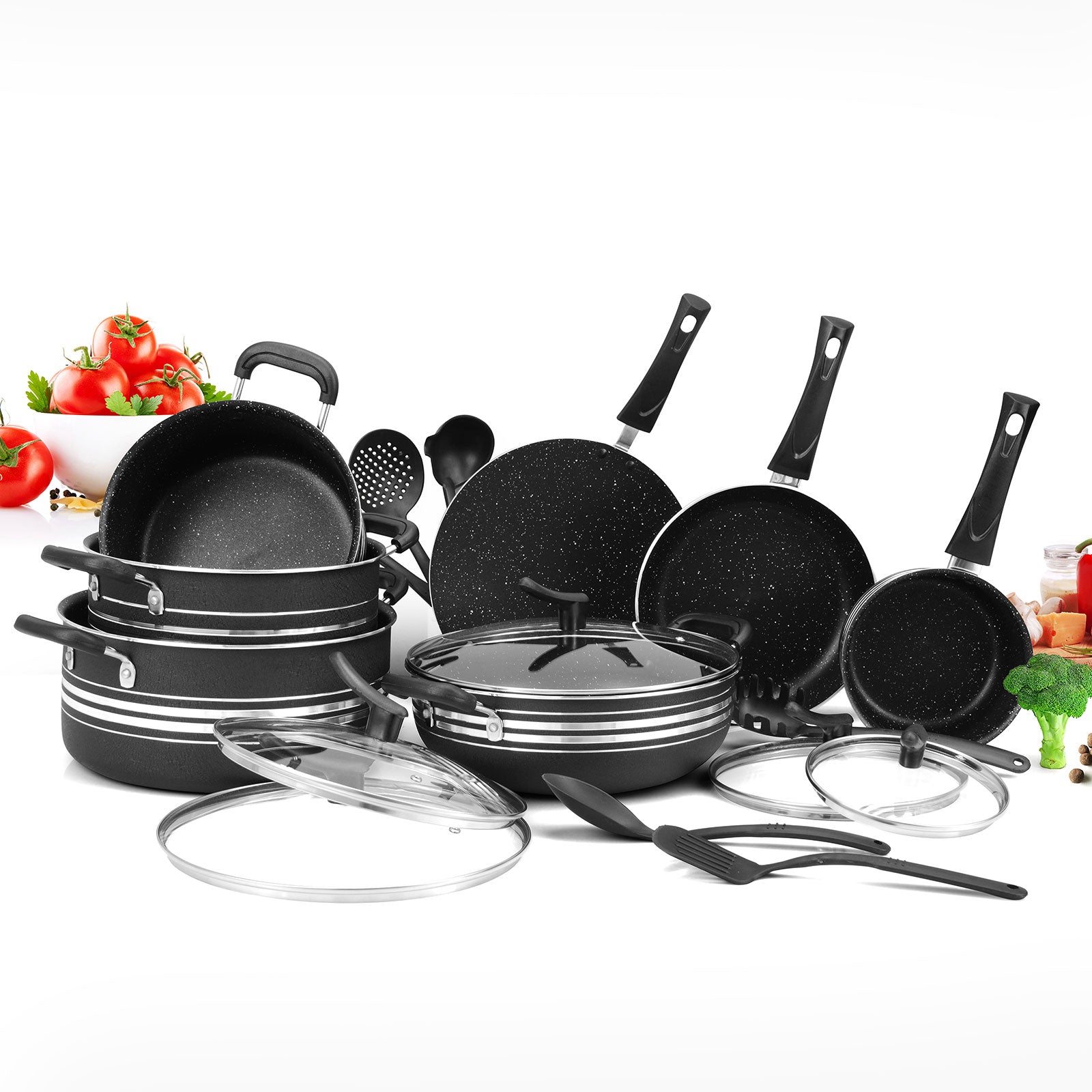 21 Pieces AR Marble Coated Non Stick Jumbo Chef Set - Black