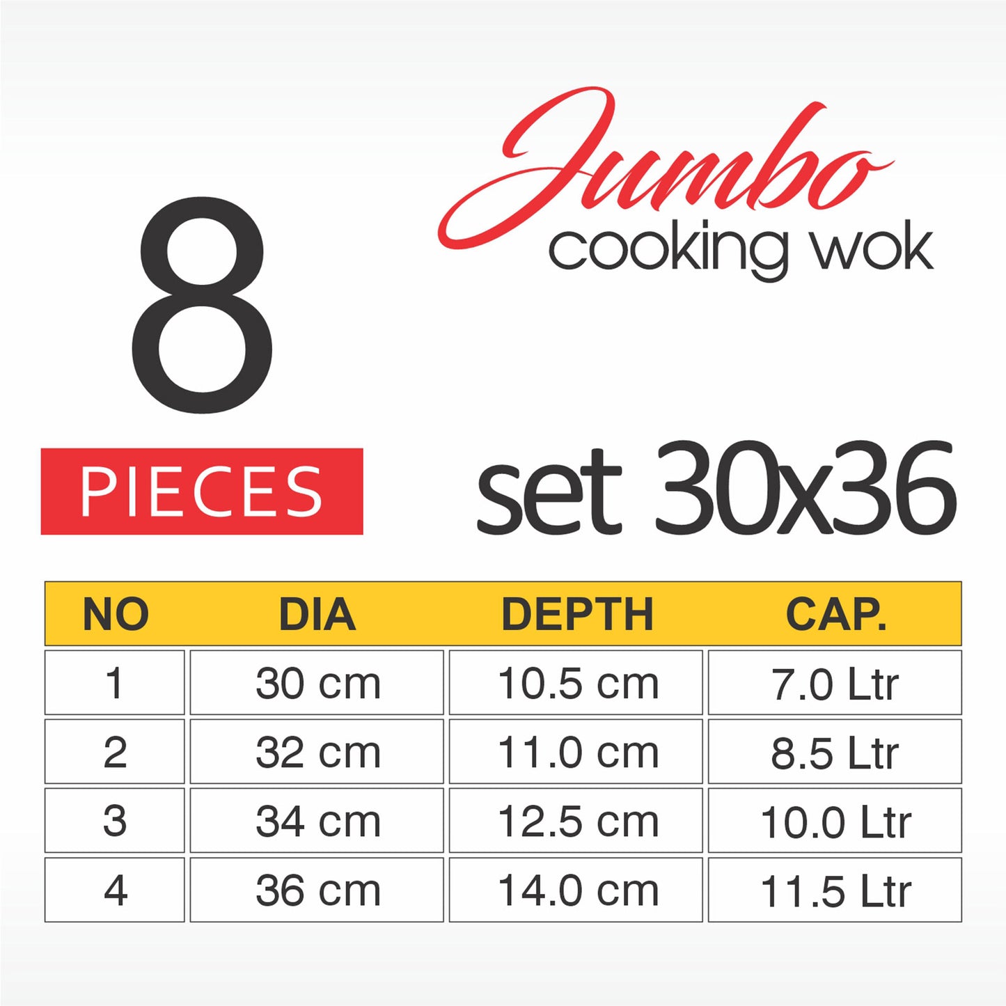 8 Pieces AR Metal Finish Wok Round Jumbo Set