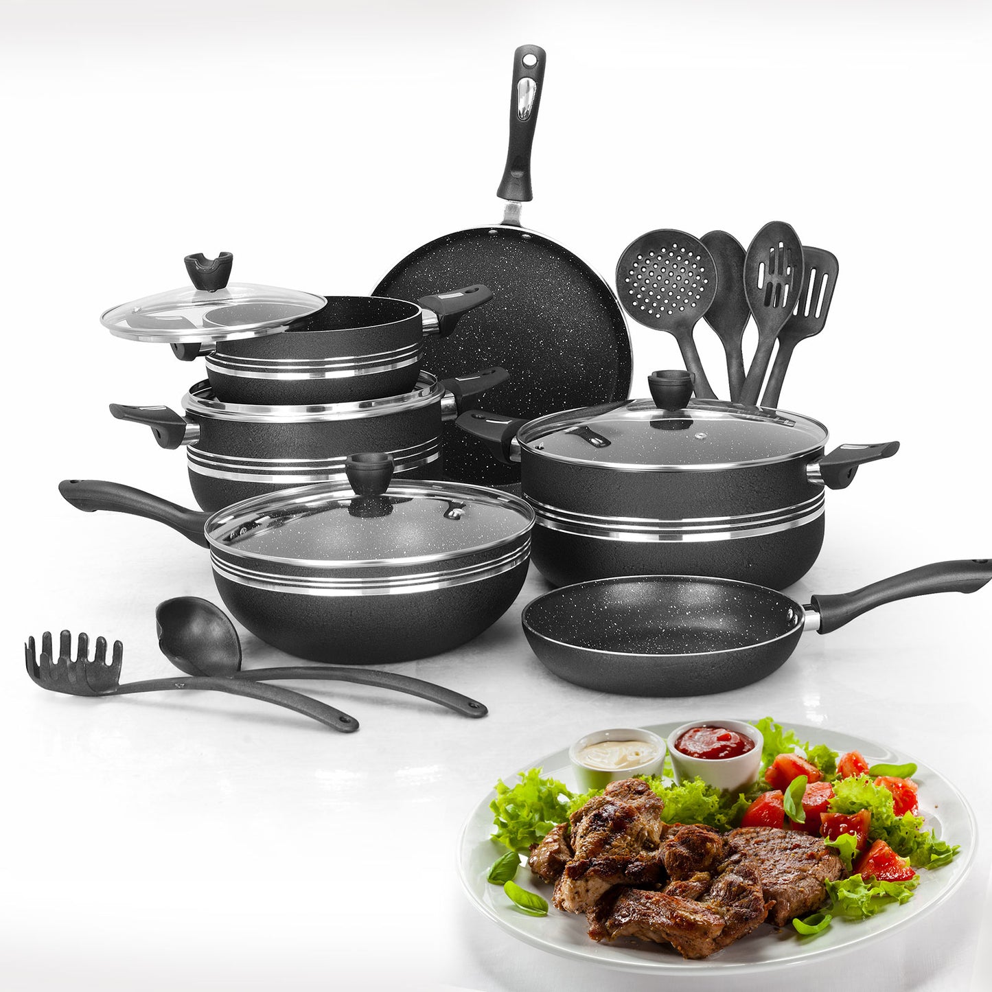 17 Pieces AR Marble Coated Non Stick P 17 - Black