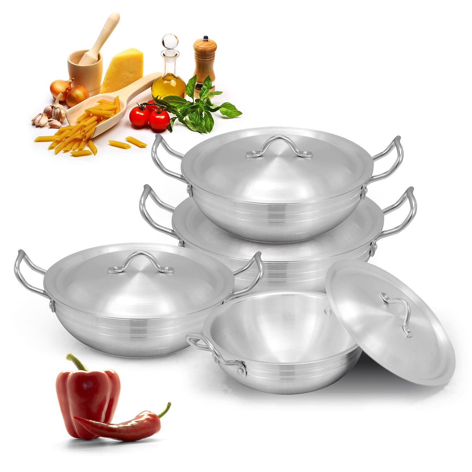 8 Pieces AR Metal Finish Round Wok Set
