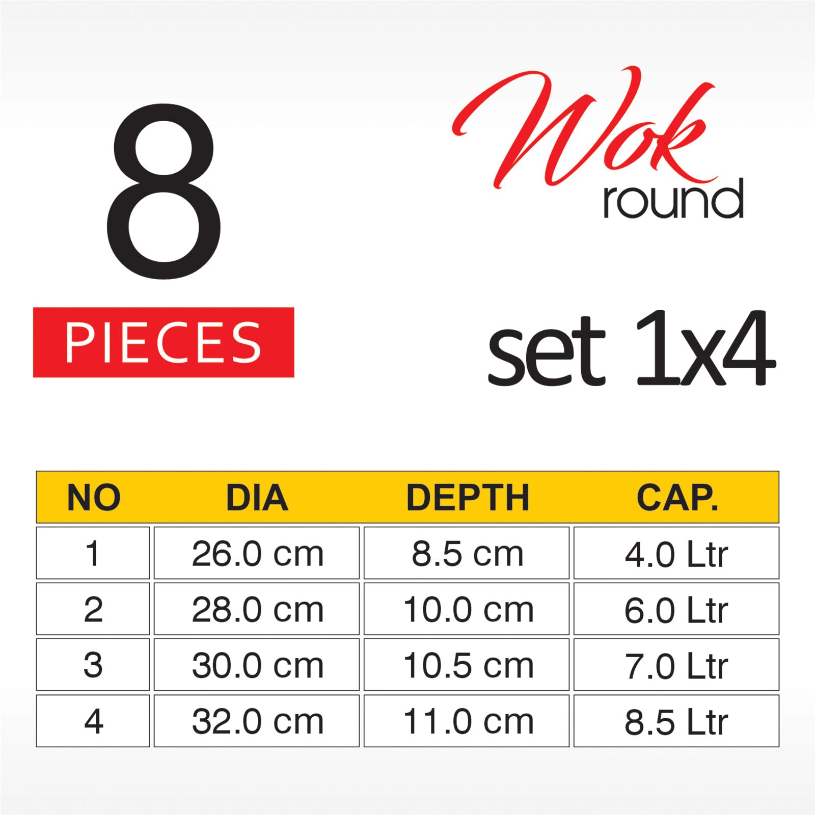 8 Pieces AR Metal Finish Round Wok Set