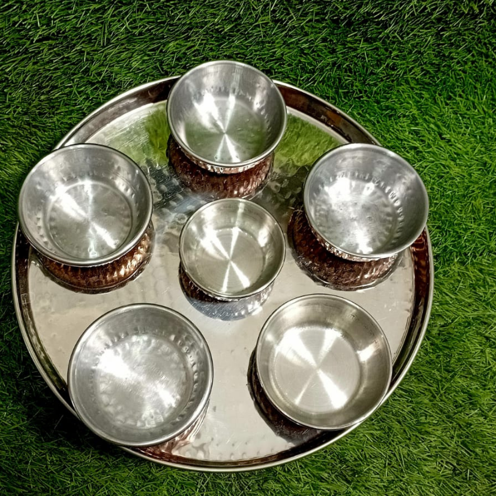 Premium Copper Indian Serving Thali – 6 Dips (5 Large + 1 Small)