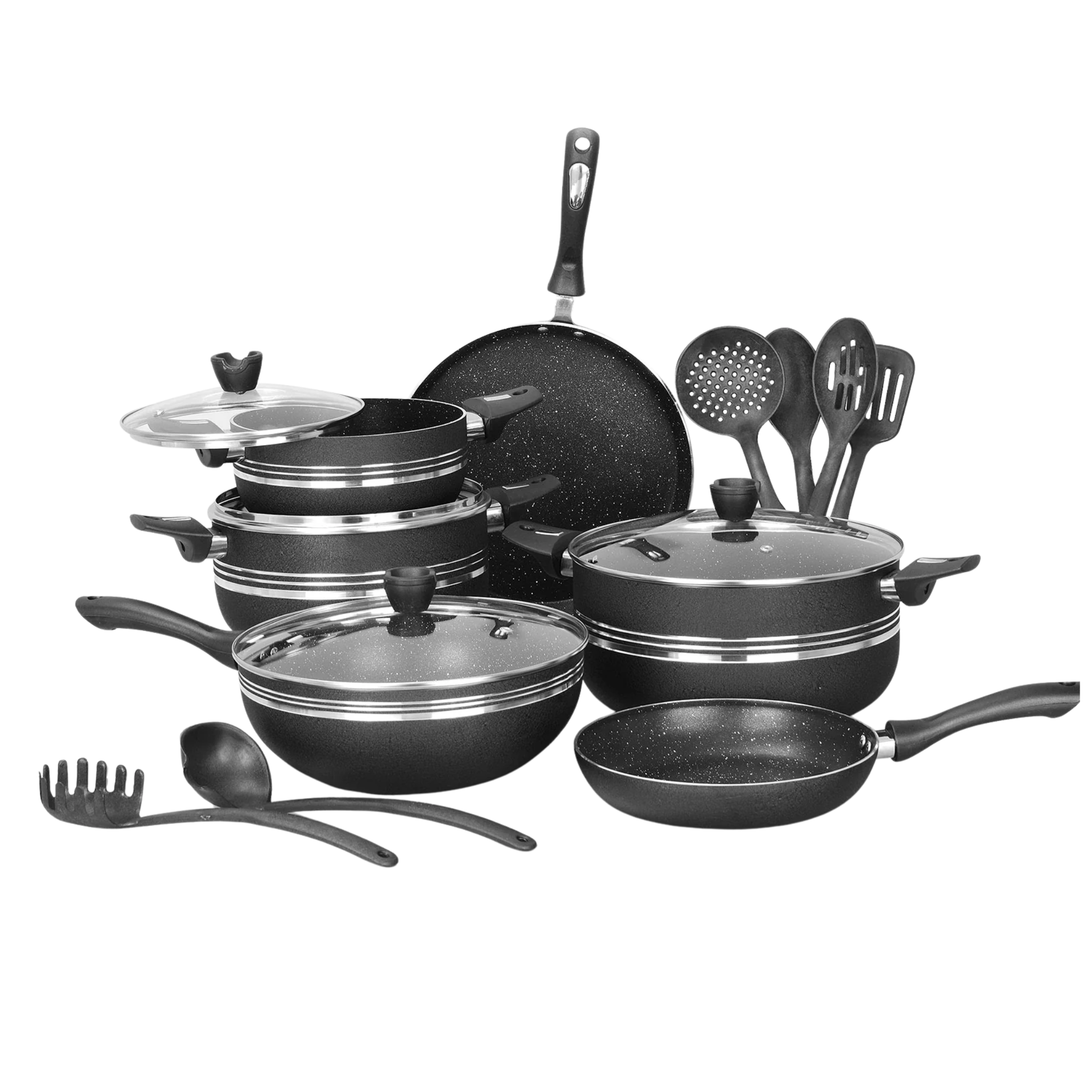 17 Pieces AR Marble Non Stick Cookware Set Black | Kitchen Set