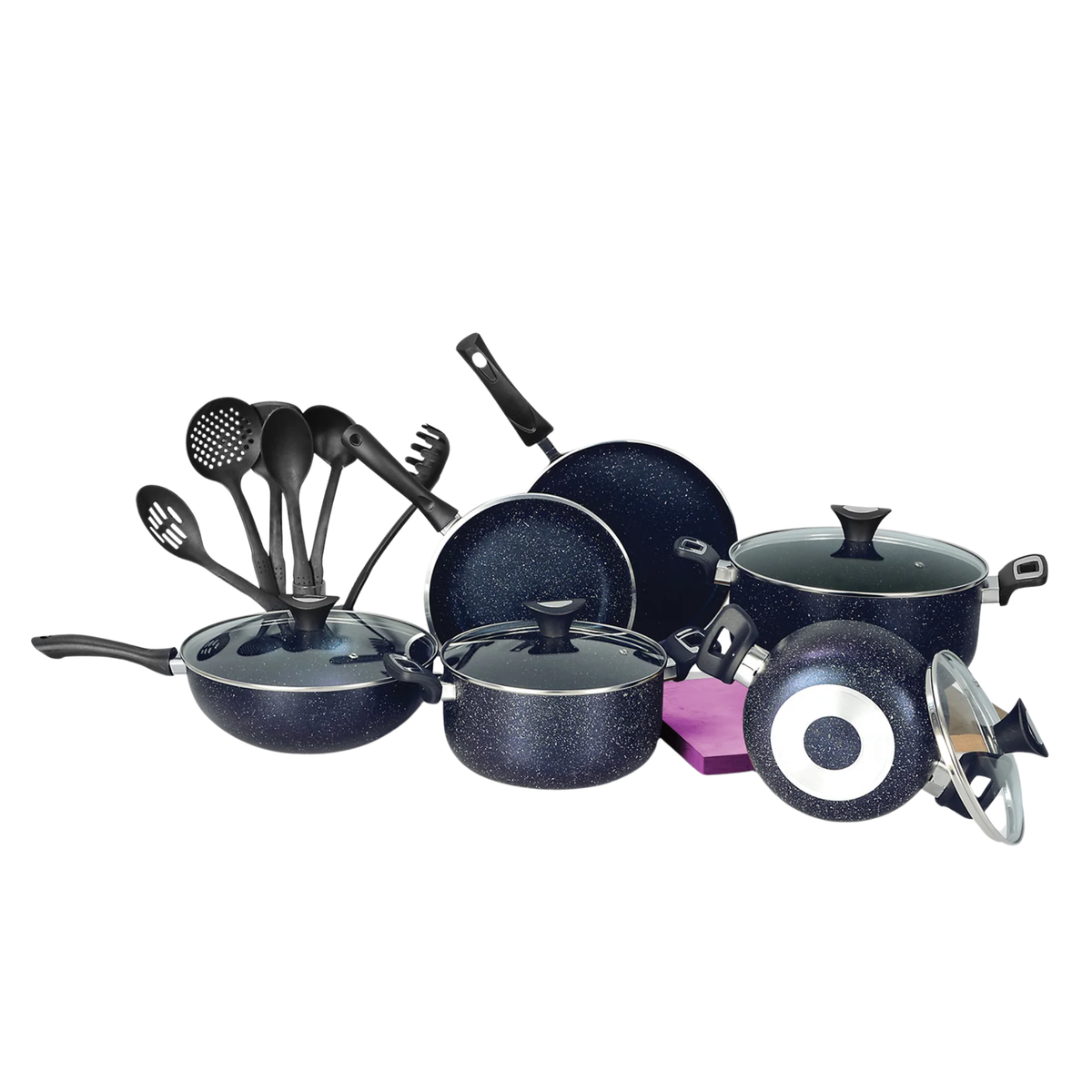 18 Pieces AR Marble Glory Cookware Black | Kitchen Gift Set