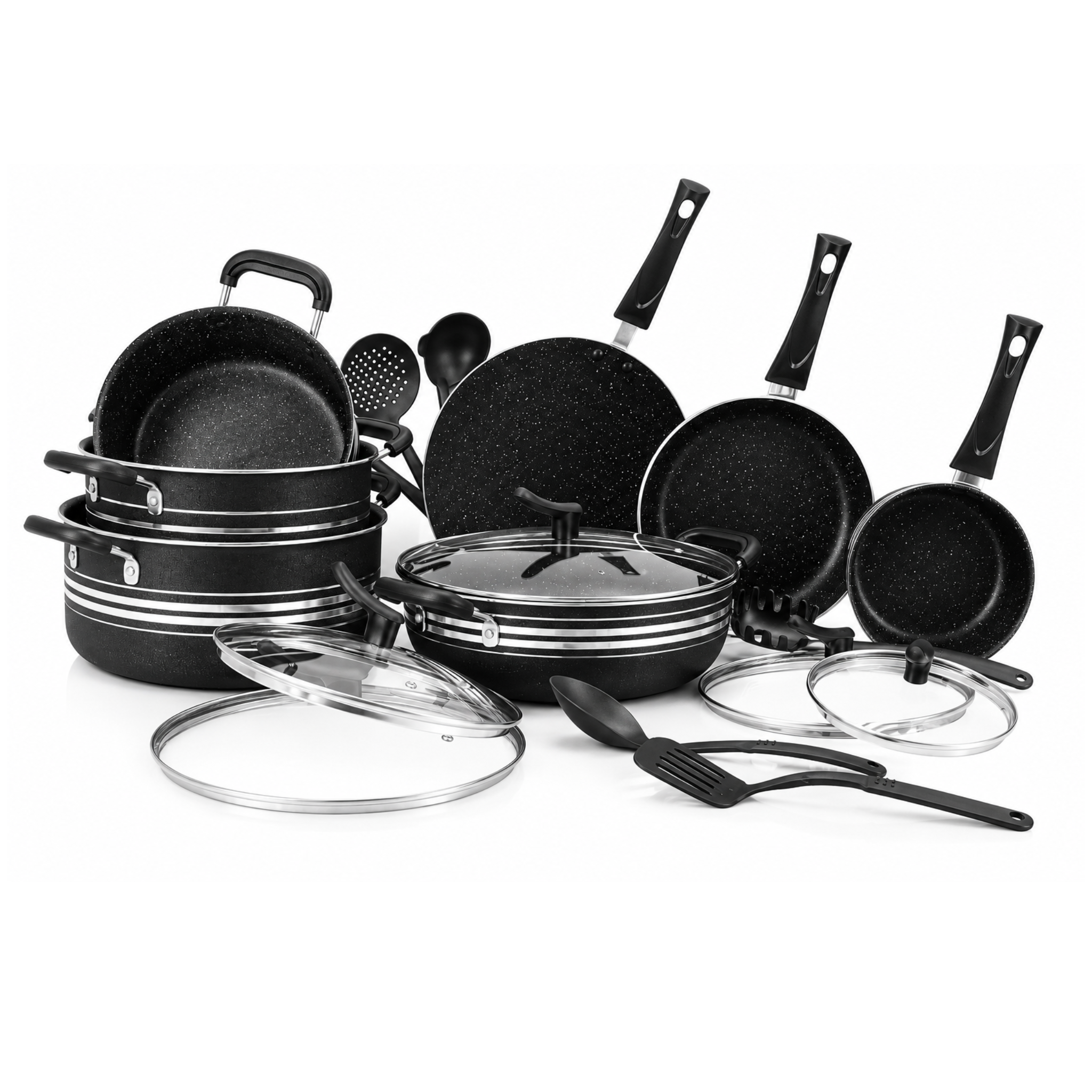 21 Pieces AR Marble Jumbo Chef Set Black | Complete Cookware Set