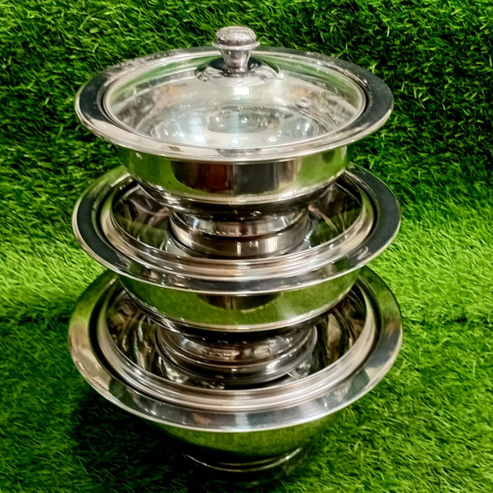3-Pcs Stainless Steel Donga Set with Glass Lids