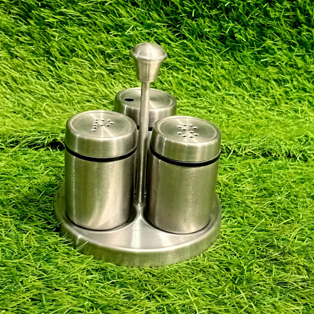 Stainless Steel 3-Pcs Salt Shaker Set with Stand