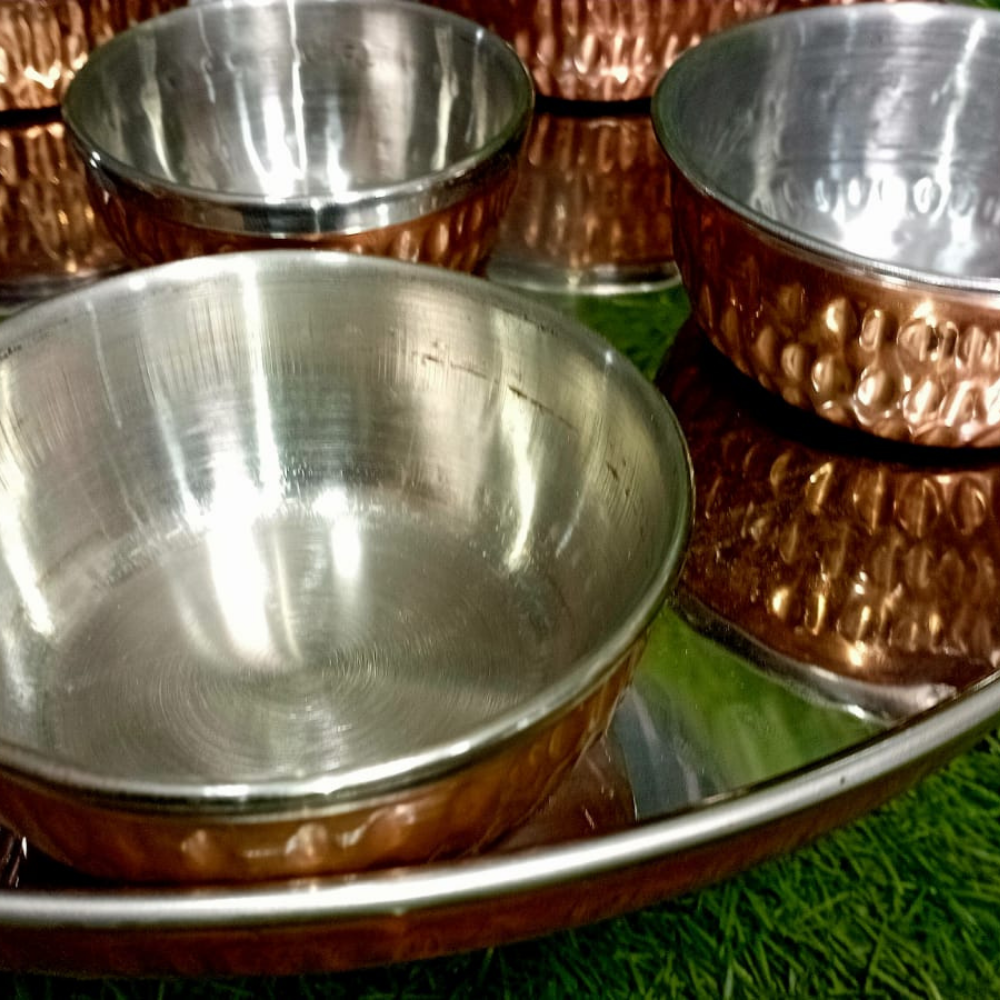 Premium Copper Indian Serving Thali – 6 Dips (5 Large + 1 Small)