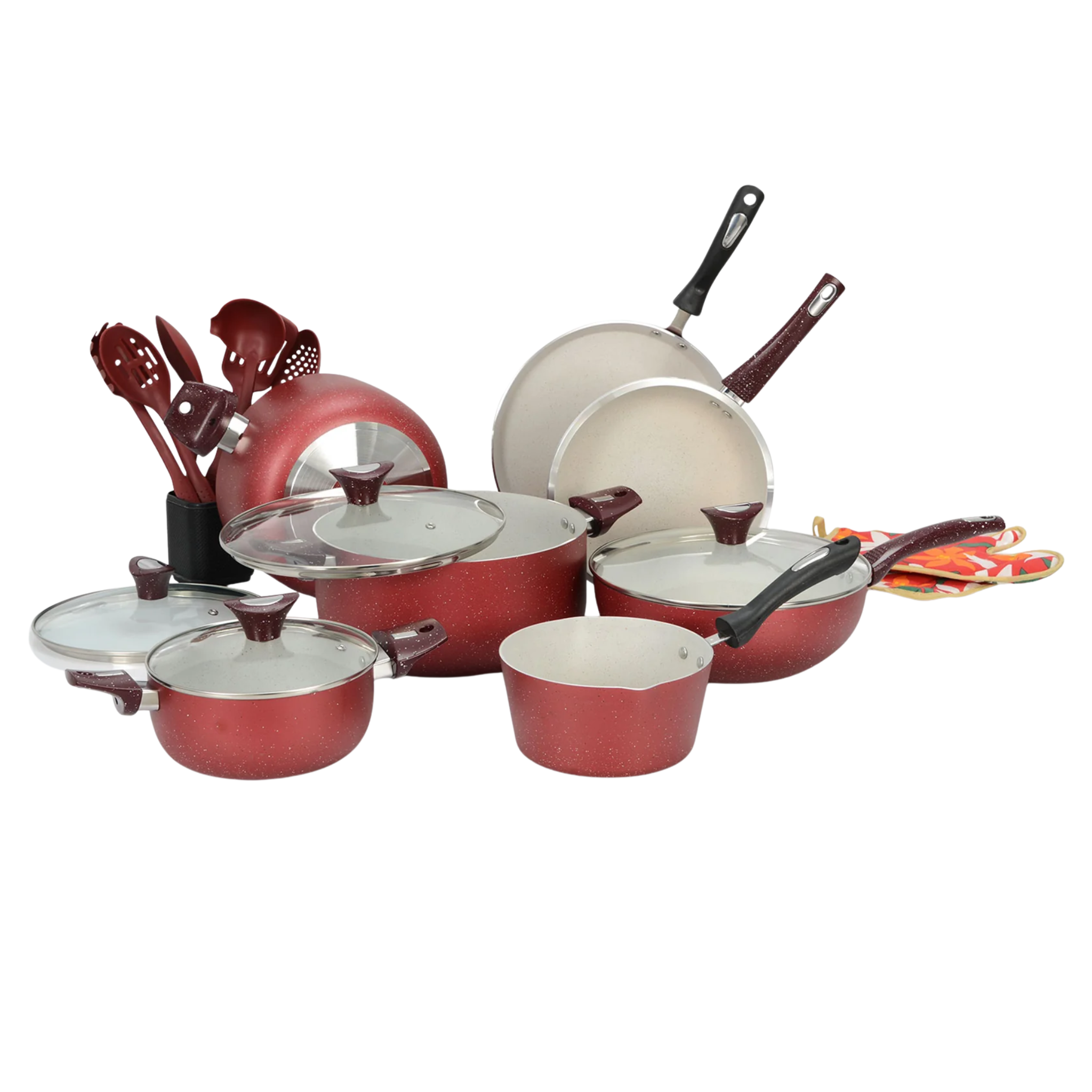 19 Pieces AR Marble Glory Cookware Maroon Off White | Kitchen Set