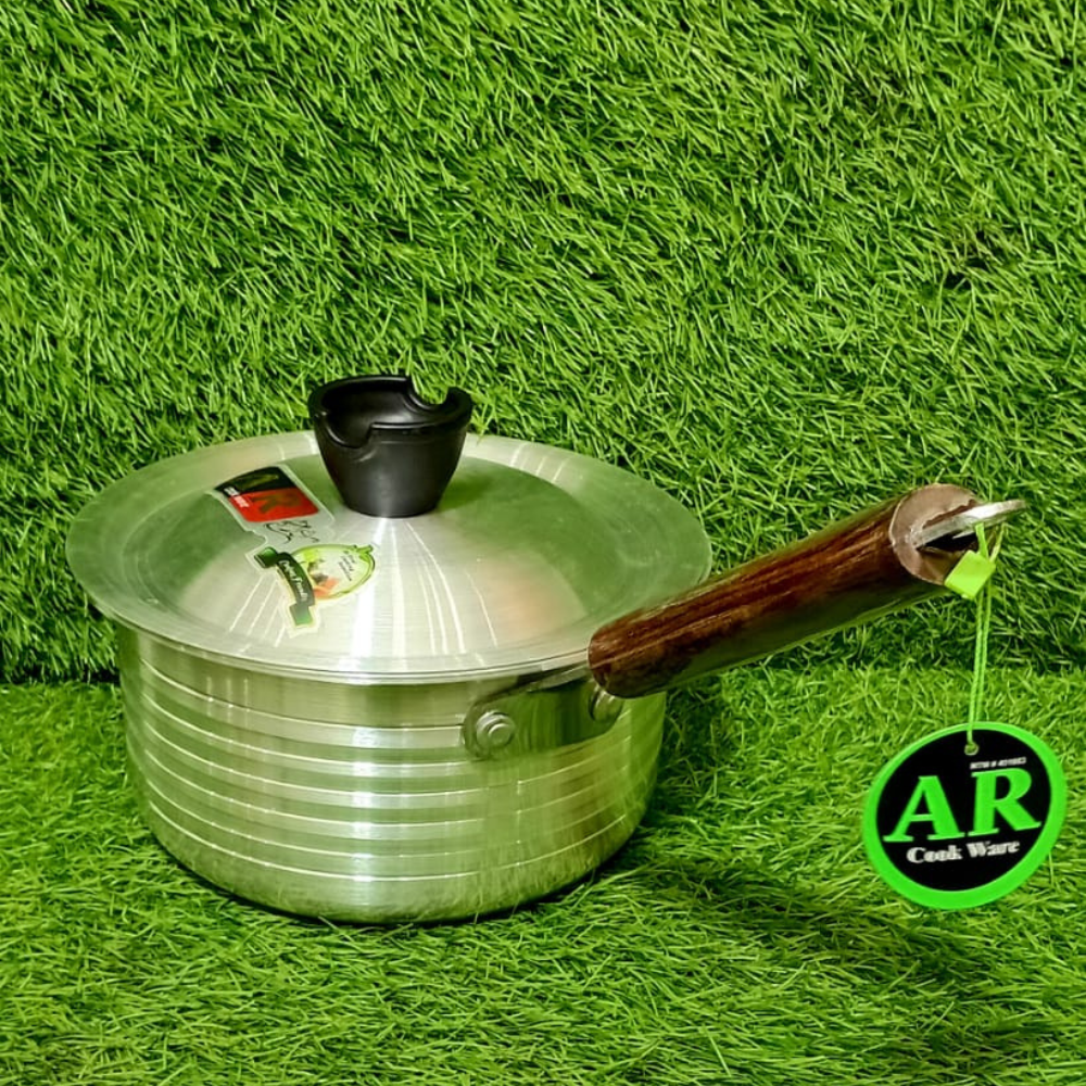 AR stainless steel sauce pan with tight-fitting lid, ergonomic stay-cool handle, and polished finish