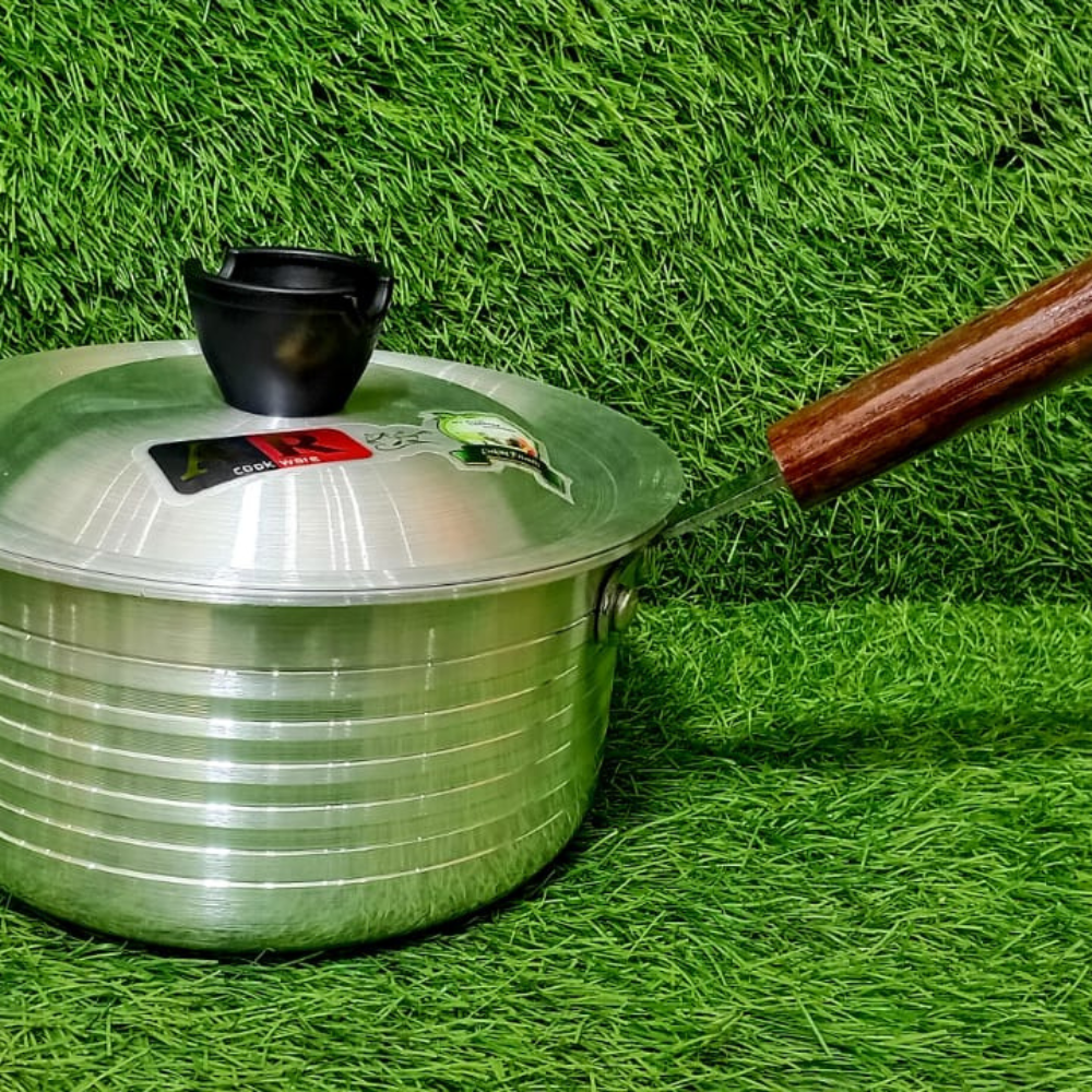 Close-up AR Stainless Steel Sauce Pan with seamless sides and easy-clean interior