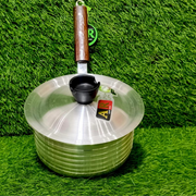 Close-up of AR stainless steel sauce pan showing thick base and mirror-like exterior