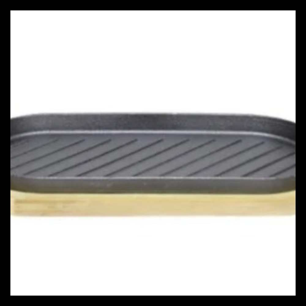 Long BBQ Sizzling Dish with Wooden Base – For Perfectly Grilled Presentation