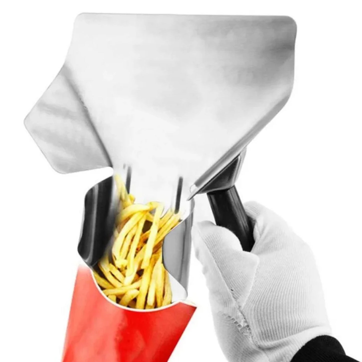 Right-handed stainless steel chip scoop with heat-resistant black handle